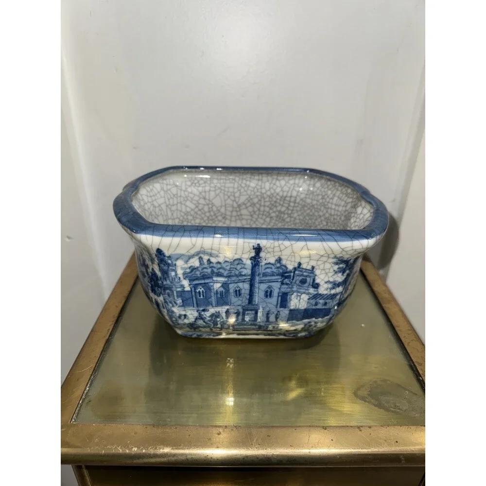 Vintage Blue & White Crackle Glaze Cachepot Planter Bowl